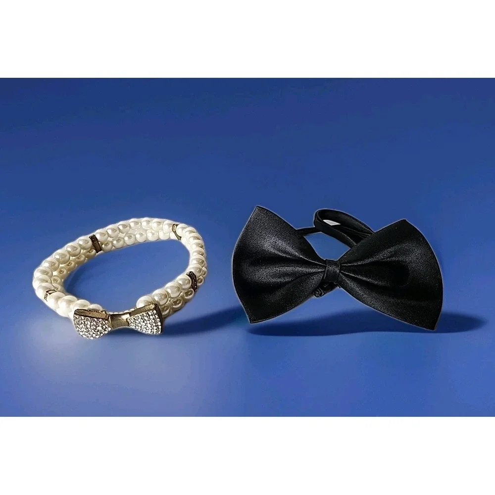 Lot 2 Pet Fancy Faux Pearl Collar w/Rhinestone Bow & Black Tie Cat Dog‎ Dress-Up